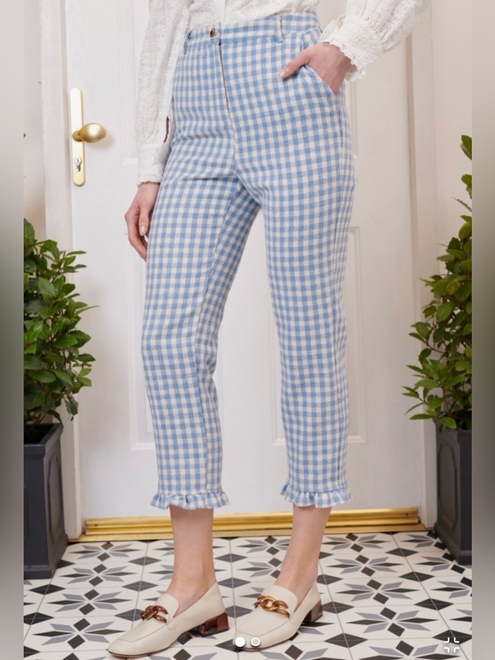 Sister Jane Baby Blue Gingham Tailored Cropped Pants Ruffle Ankle NWT